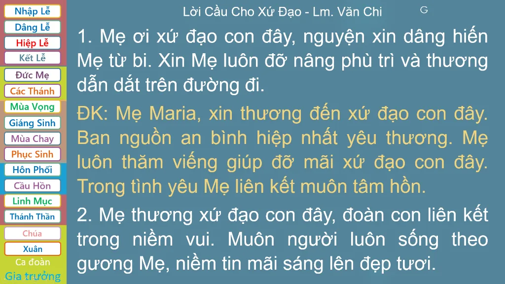 Giao diện bài hát Lời Cầu Cho Xứ Đạo với font chữ phụng vụ trang nhã
