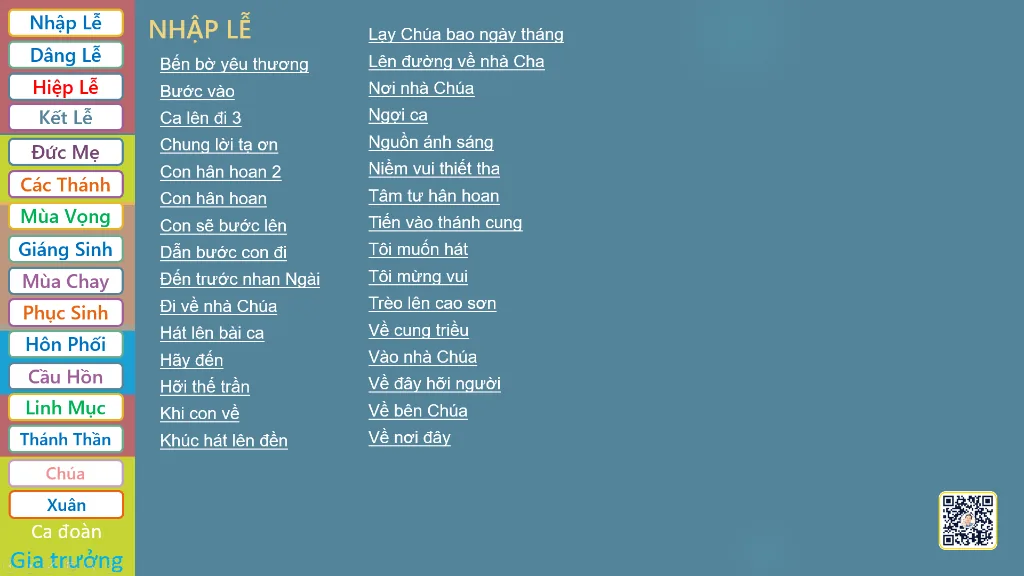Mục lục chọn bài Nhập Lễ với thanh điều hướng 17 chuyên mục phụng vụ bên trái